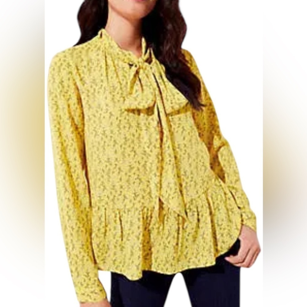 Loft Yellow Floral Vine Peplum Tie Neck Blouse Size SP